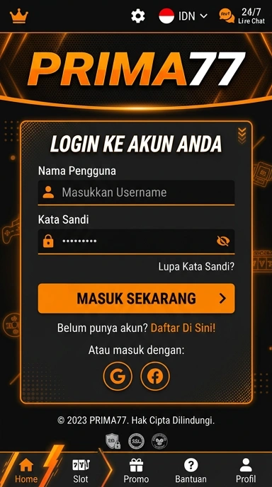 Tampilan halaman login prima77